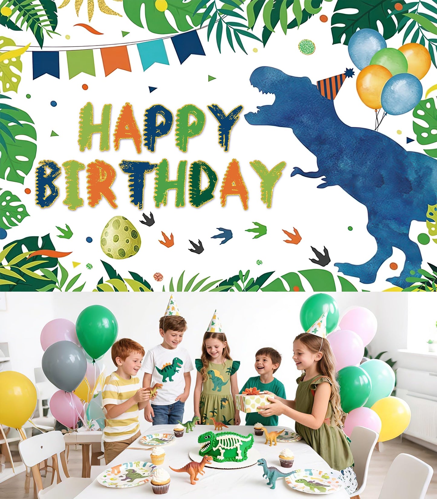 Watercolor Dinosaur Birthday Party Backdrop Dino Happy Birthday Banner T-Rex Photography Background for Boys Party Supplies 70.8