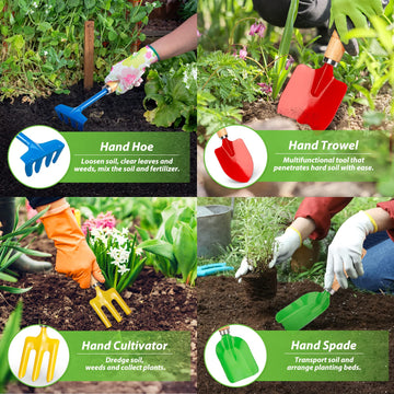 Metal Garden Tool Set with Scoop Leaf Rake Fork Hoe Sand Toy for Kids mature-themeds Toddler Beach Sandbox Shovels Kit Beach Garden Gear Accessories Gift for Outdoor Digging Treasure Hunt(4PCS)