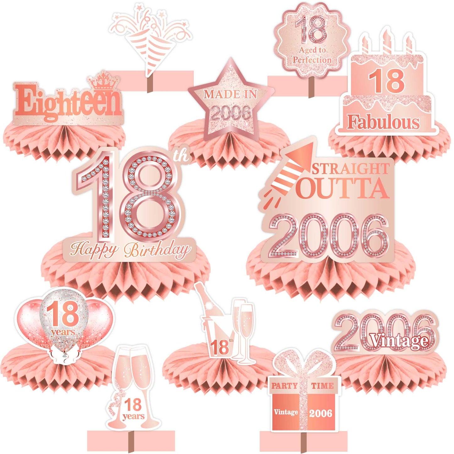 Happy 18Th Birthday Rose Gold Table Honeycomb Centerpieces Balloons Theme Decor Table Decorations Table Toppers For Girls Women Sweet Princess 18 Years Old Pink Birthday Party Bday Supplies Ornament