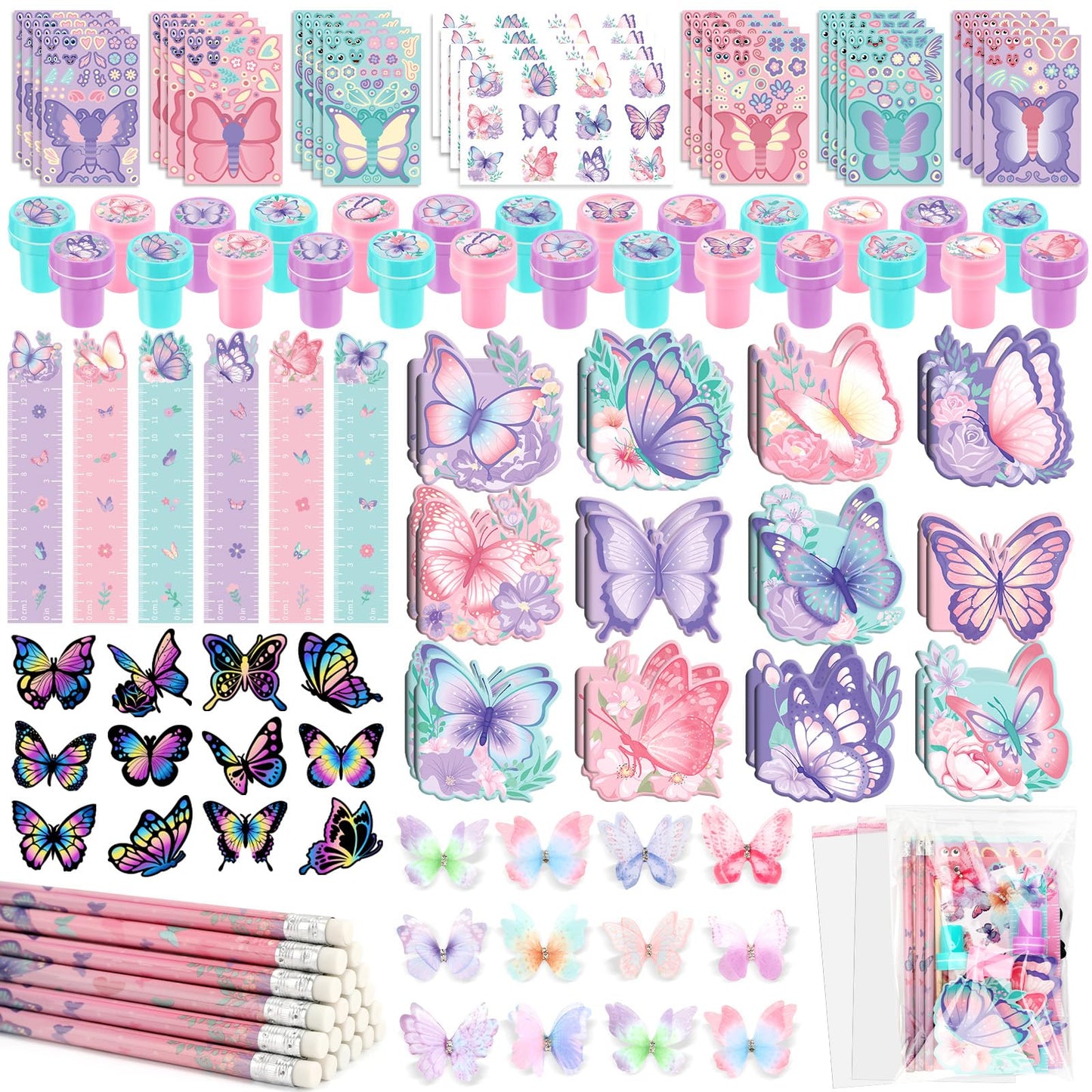 BenLouis 216Pcs Butterfly Party Favors Butterfly Fairy School Stationery Set Bulk for Kids Spring Flower Tea Birthday Birthday G
