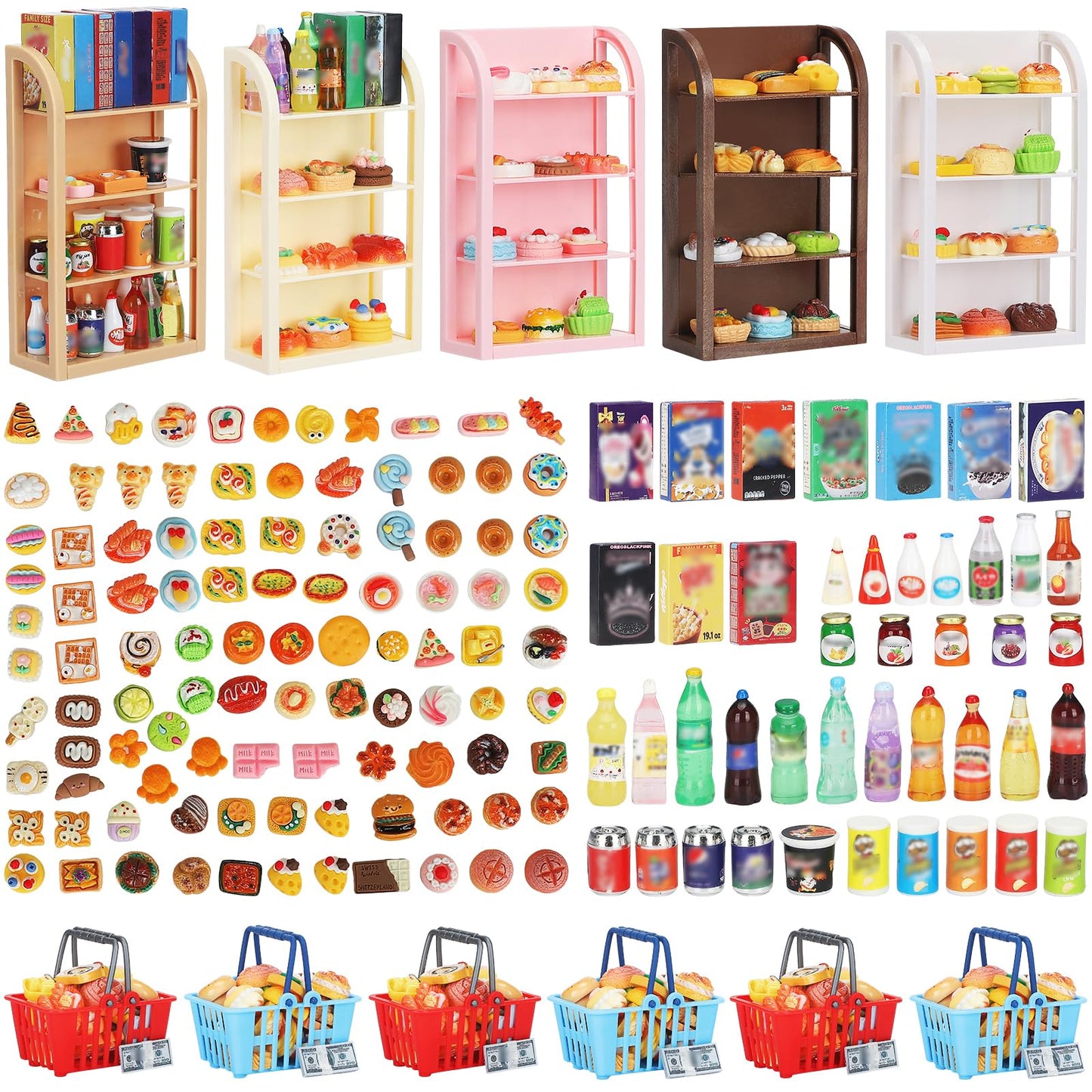 170Pcs Miniature Supermarket Shelves Furniture Model Doll House Store Storage Bookshelf Accessories 4 Layers Shelf Display Rack