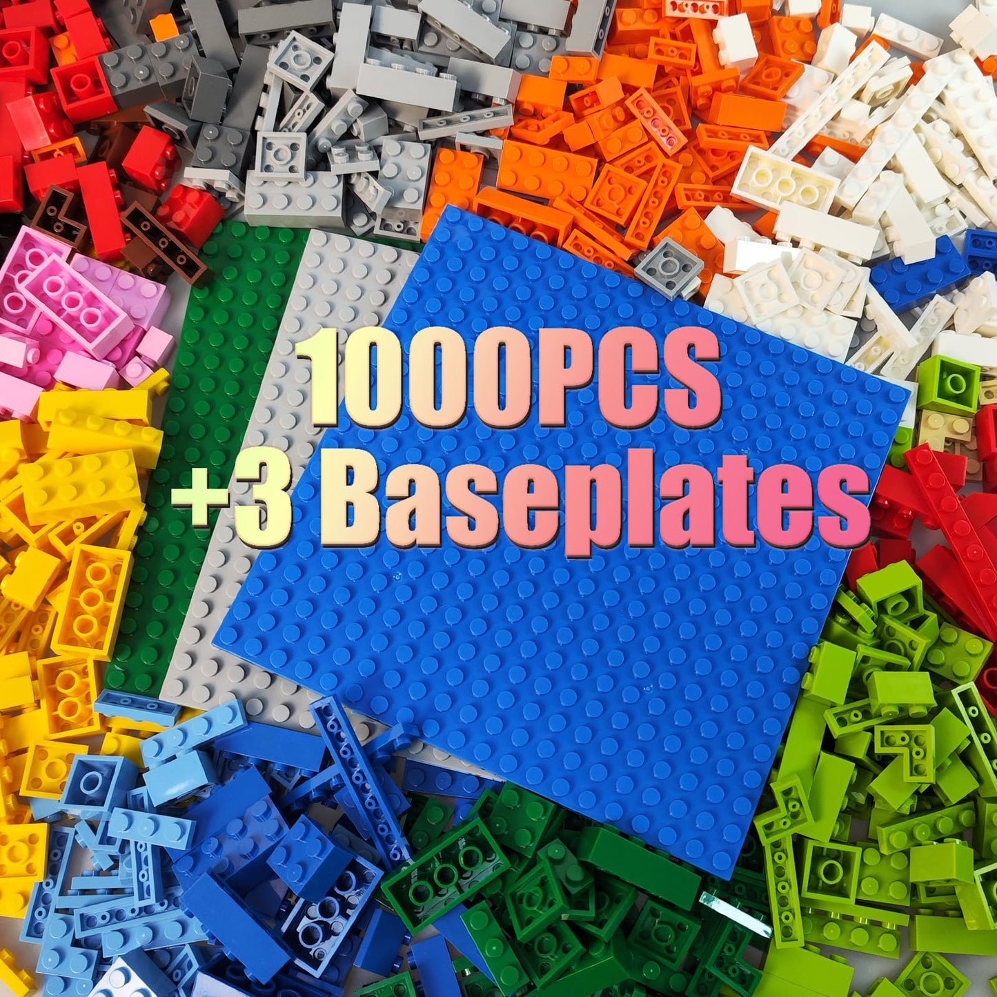 Huizdq 1000 Pieces Building Blocks, Classic Stackable Base Plates, 3 6.3'' X 6.3'' Blue, Gray And Green Base Plates,Compatible W