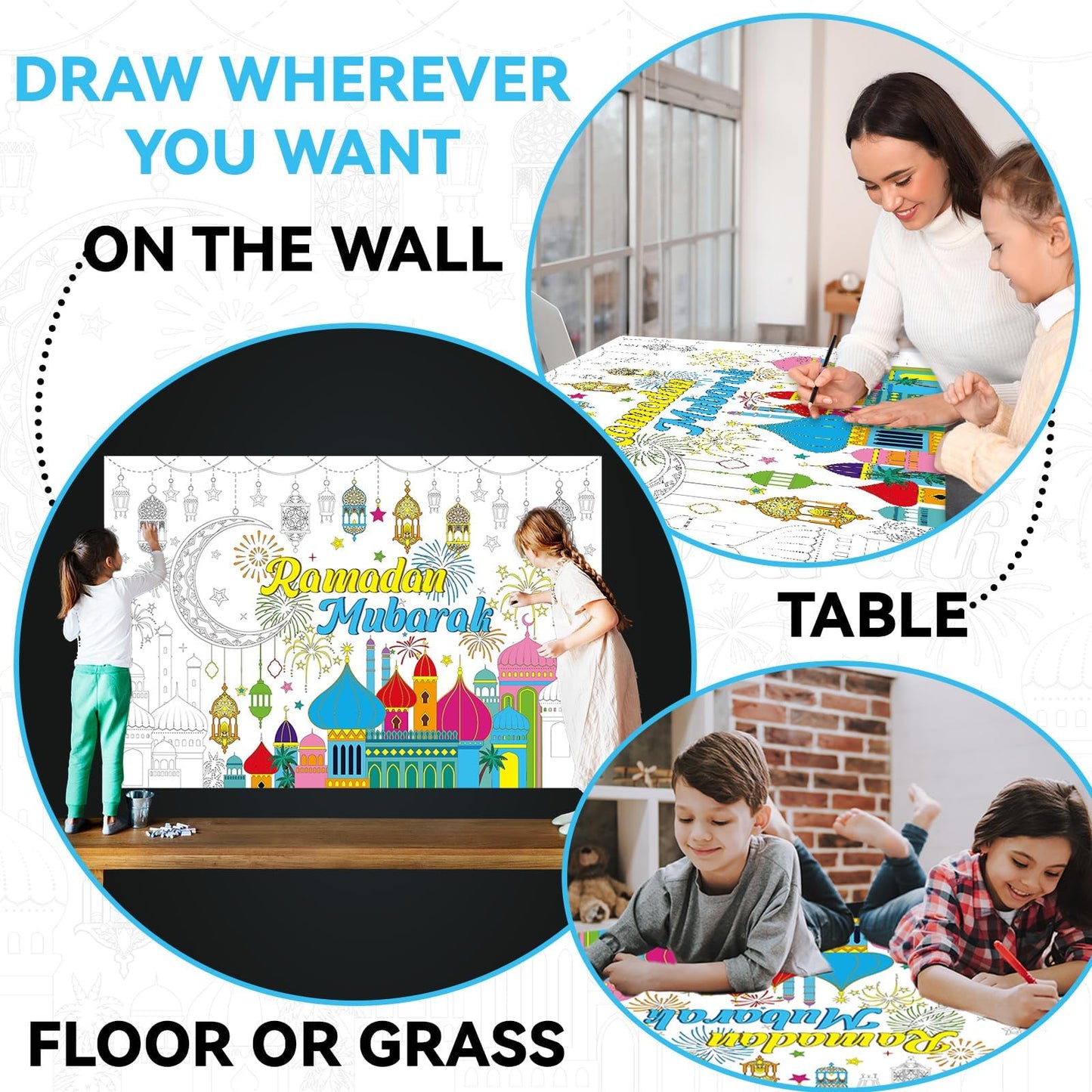 Naozinebi Ramadan Mubarak Coloring Poster For Kids Giant Coloring Poster Large Ramadan Kareem Coloring Tablecloth Jumbo Coloring