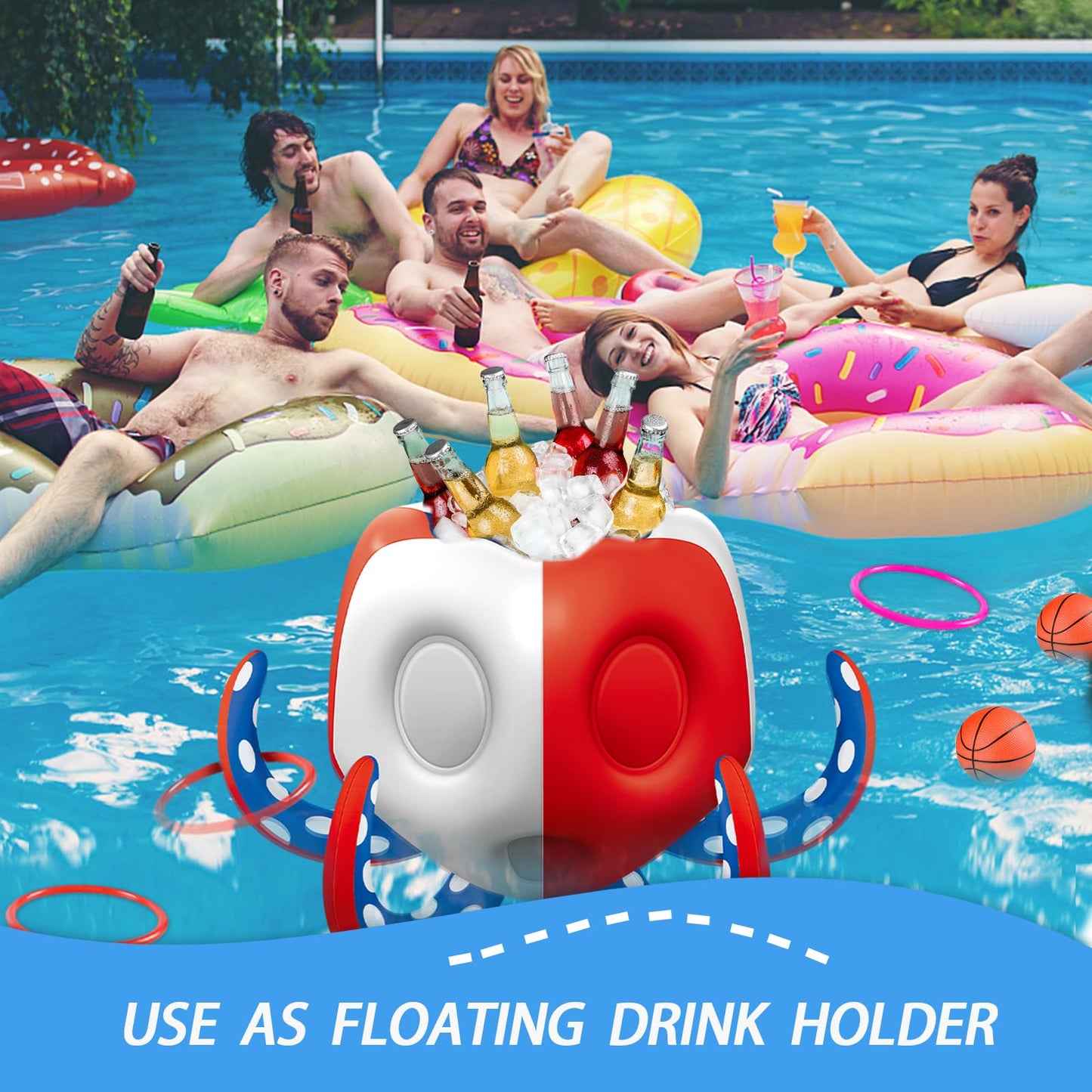 Octopus Pool Toys, 2-In-1 Kids Inflatable Basketball Hoop & Ring Toss Yard Games, Family Party Indoor Outdoor Water Play, Cool S