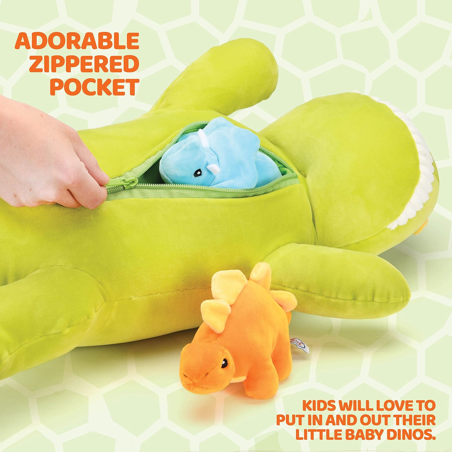 Prextex 15-Inch Stegosaurus Dinosaur Stuffed Animal Set With 3 Dino Plush Toys Inside, Large Zippered Pouch Dinosaur For Boys An