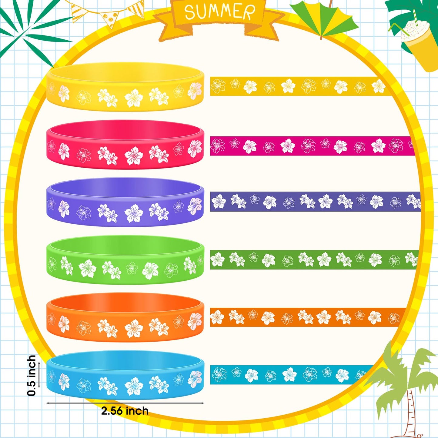 Landical 24 Pcs Hibiscus Birthday Decorations Silicone Bracelets Hawaiian Themed Bracelets Summer Tropical Gift for Tiki Luau Ba