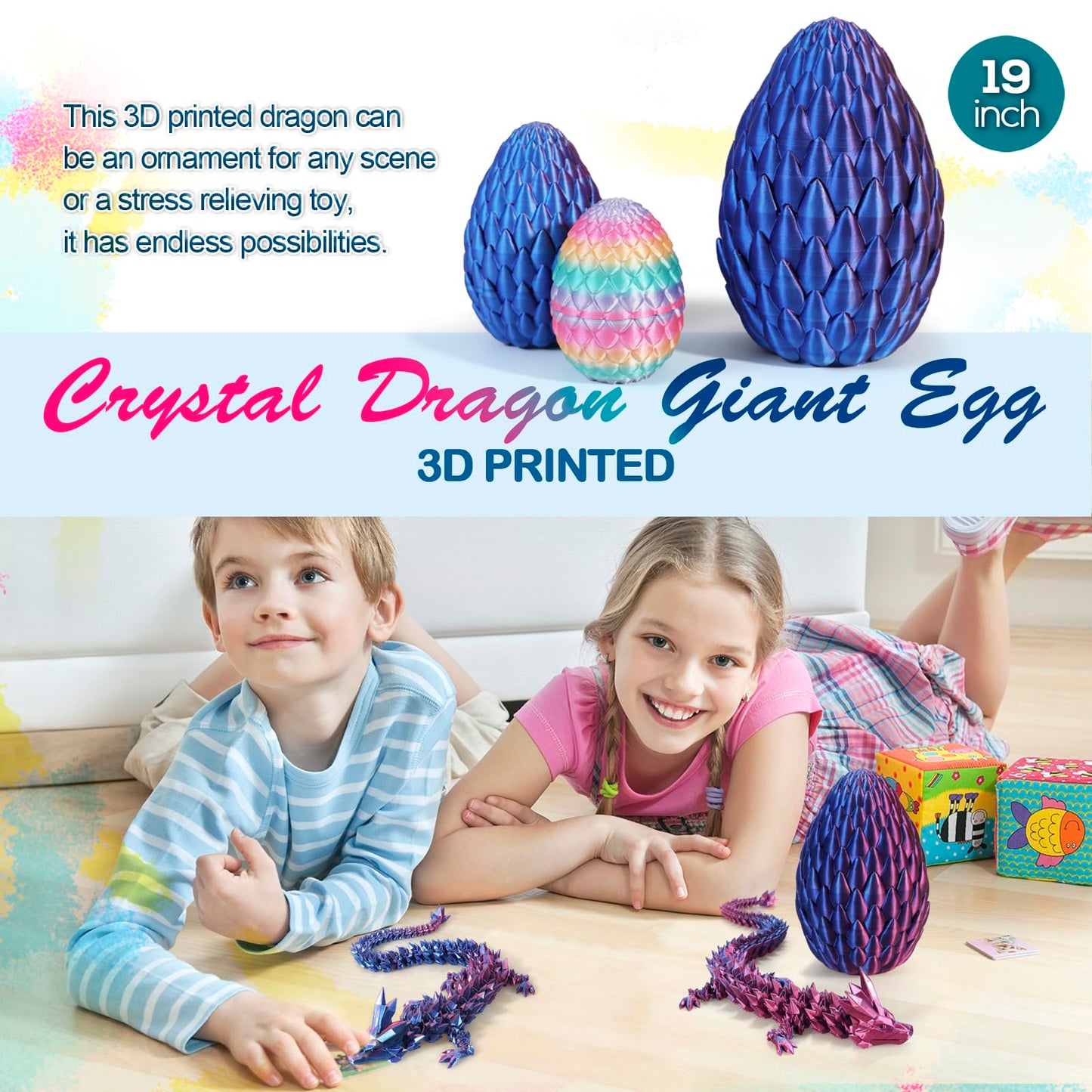 3D Printed Dragon,Dragon Eggs With Dragon Inside,Surprise Dragon Egg Toy,19'' Full Articulated Crystal 3D Dragonls(Giant Dragon