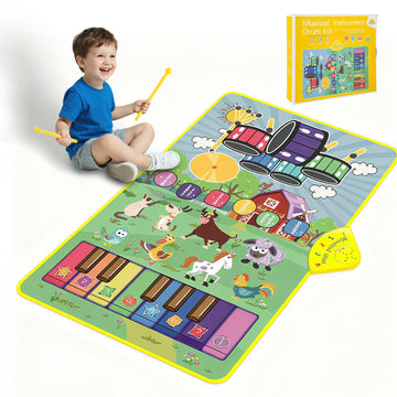 Musical Farm Animals Sounds Piano Mat for Kids, Sensory Educational Learning Toy with Drumset for Toddlers, Interactive Floor To
