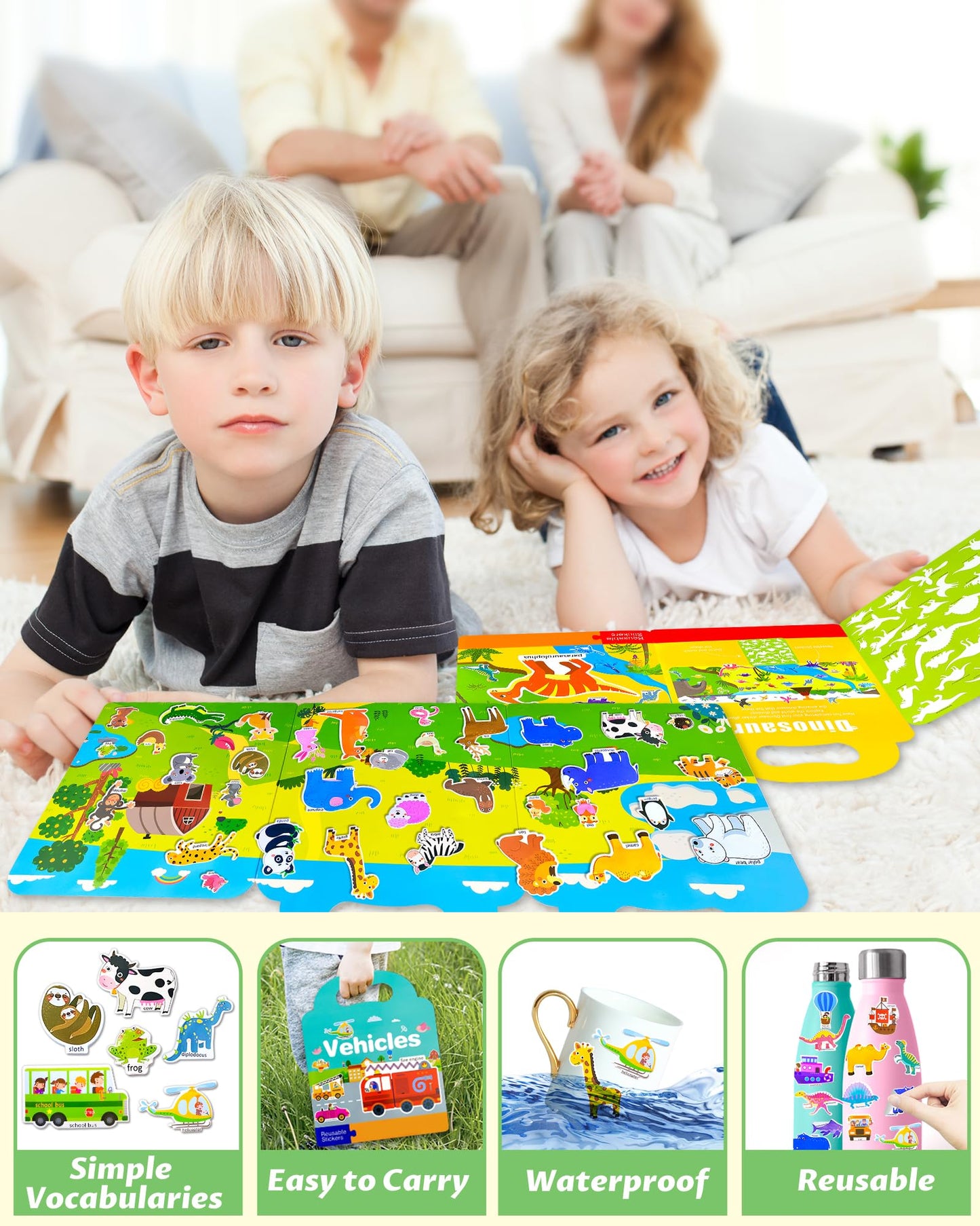 Walenced Puffy Reusable Sticker Book For Toddlers 2-4 Years, 3 Sets Stickers For Kids, Toddler Sticker Book Ages 1-3, 96 Pcs Tod