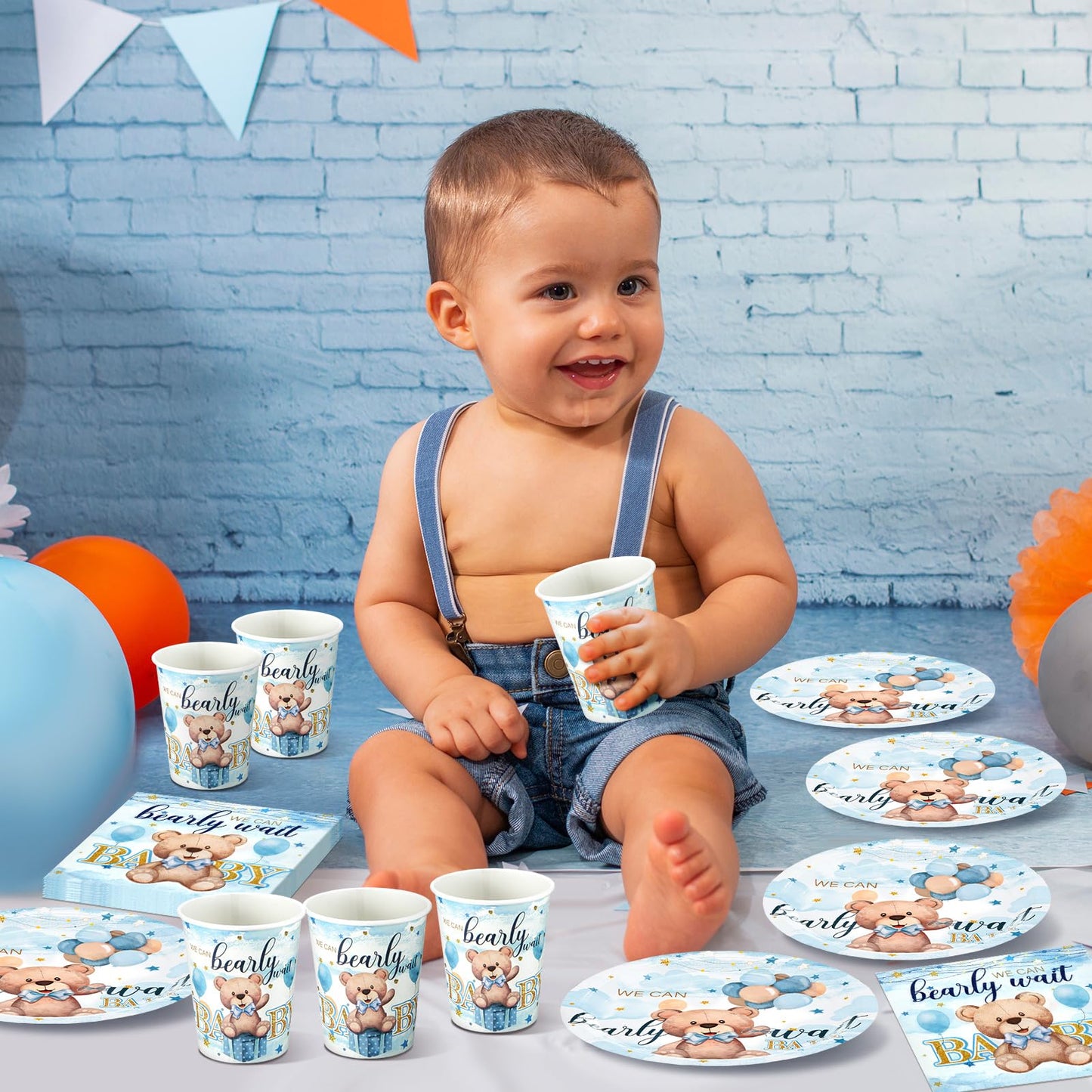 Hushee 200 Pcs Blue Bear Baby Shower Paper Plates Napkins Cups Baby Shower Party Supplies Tableware Set Bear Theme Disposable Cu