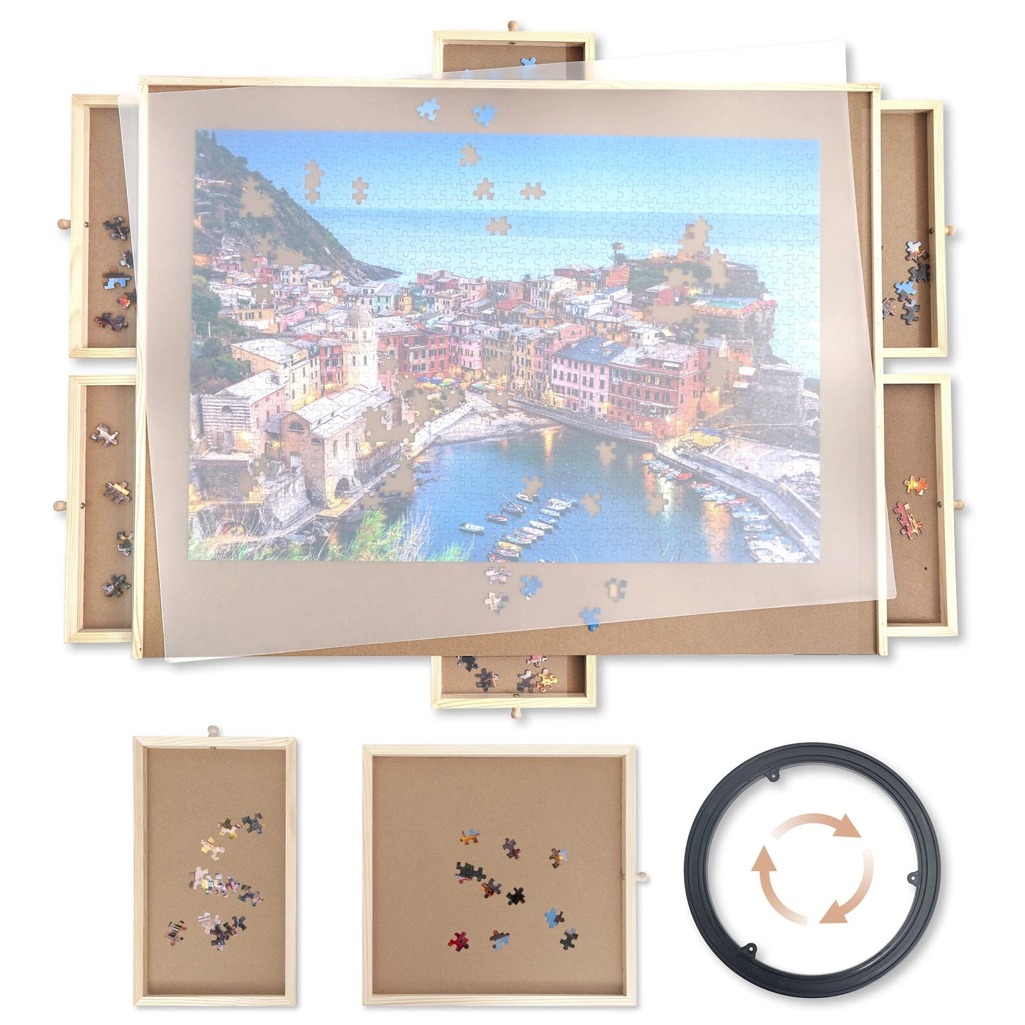 Wood City Puzzle Board, 1500 Piece Wooden Jigsaw Puzzle Board With Drawers, 35” X 27” Portable Puzzle Table With Covers And Lazy Susan, Rotating Jigsaw Puzzle Table For Kids And Adults (1500Pcs)