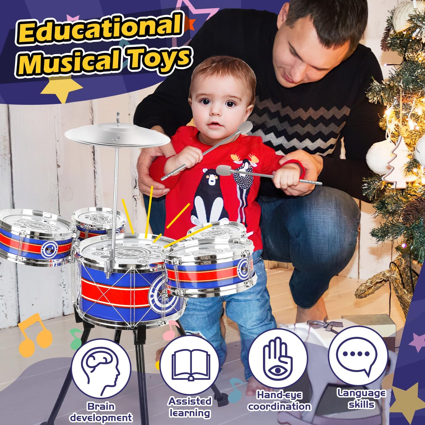 Toddler Drum Set Upgraded Drum Kit For Kids Jazz Drum Set With 5 Drums Music Toys For 3 4 5 Year Old Boys Girls Gifts Ages 3-5
