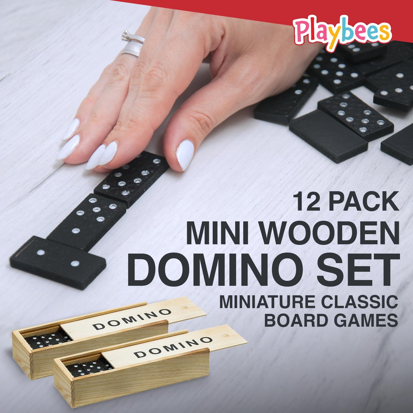 Playbees Mini Wooden Dominoes Set - 12 Pack - Classic Double Six Domino Game In A Wooden Case - Educational Board Games & Activi