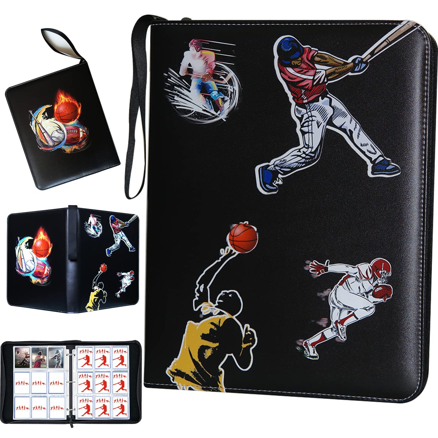 Coyoro Large Capacity Sports Card Binder With Zipper, 9 Pocket, Fits 900 Cards, Waterproof, Durable Pu Leather Exterior