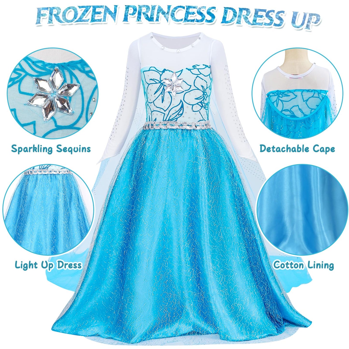 G.C Girls Light Up Elsa Dress Costume Toddler Princess Dress Up With Cape Kids Elsa Wig Crown Wand Toys Halloween Cosplay Birthday Party Gifts