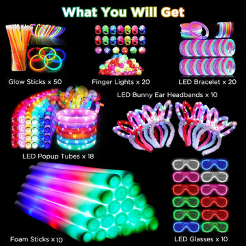 Glow Party Supplies, 138Pcs Glow In The Dark Party Supplies, 10Pcs Foam Glow Sticks,50Pcs Glow Sticks,10Pcs Led Glasses,10Pcs Led Bunny Ear Headband,20Pcs Led Ring,18Pcs Pop Tubes,20 Led Bracelet