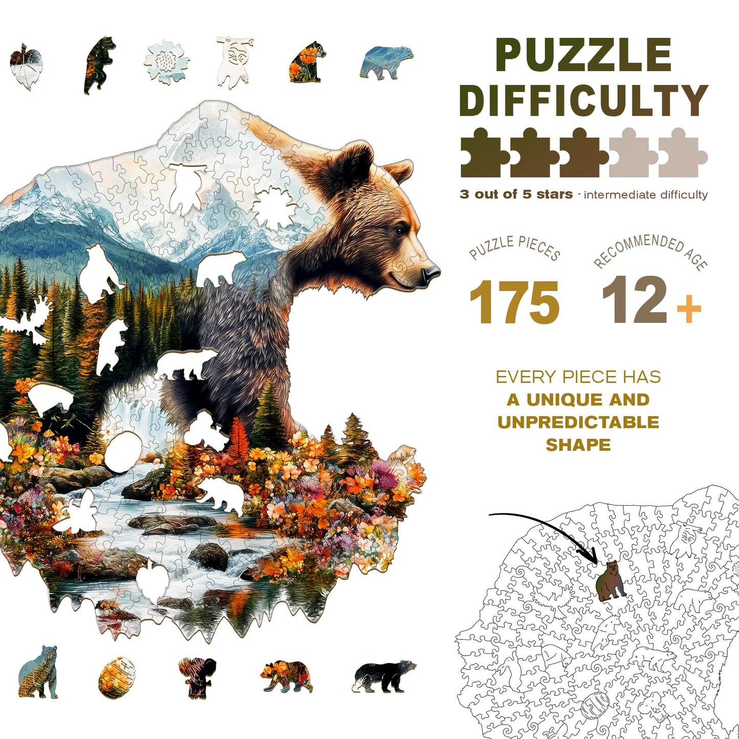 Wooden Puzzles for mature-themeds - Bear and Nature Wooden Jigsaw Puzzle - Unique Animal Shaped Wood Puzzles mature-themed - Christmas Birthday Gifts for mature-themeds/Friends/Family - 175pcs 11.4 * 11.5in
