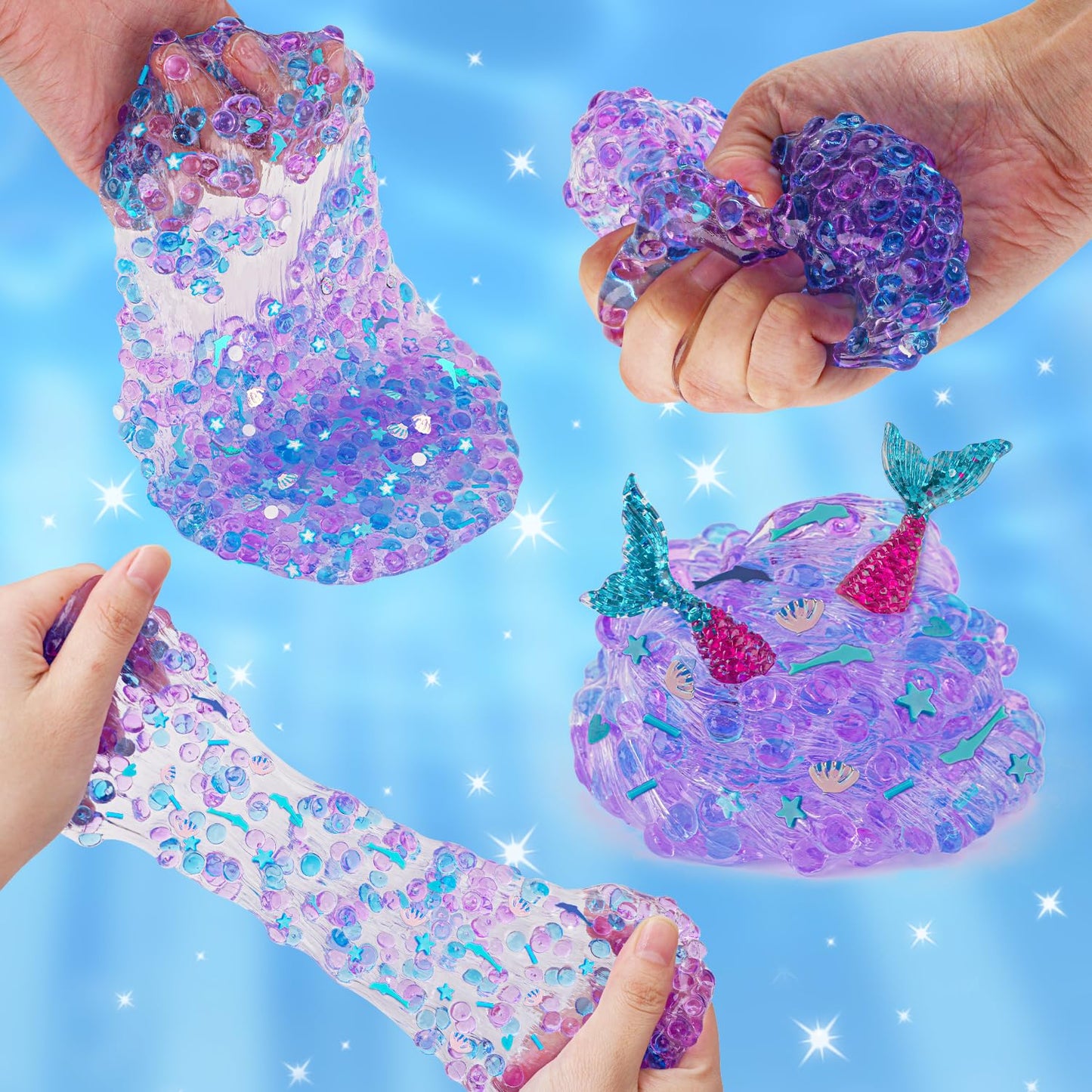 3 x 100mL Ocean Slime Kit for Girls & Boys: Mermaid Bead, Pink Crunchy & Blue Clear Slime, Sensory Experience DIY Slimes Set, Sl