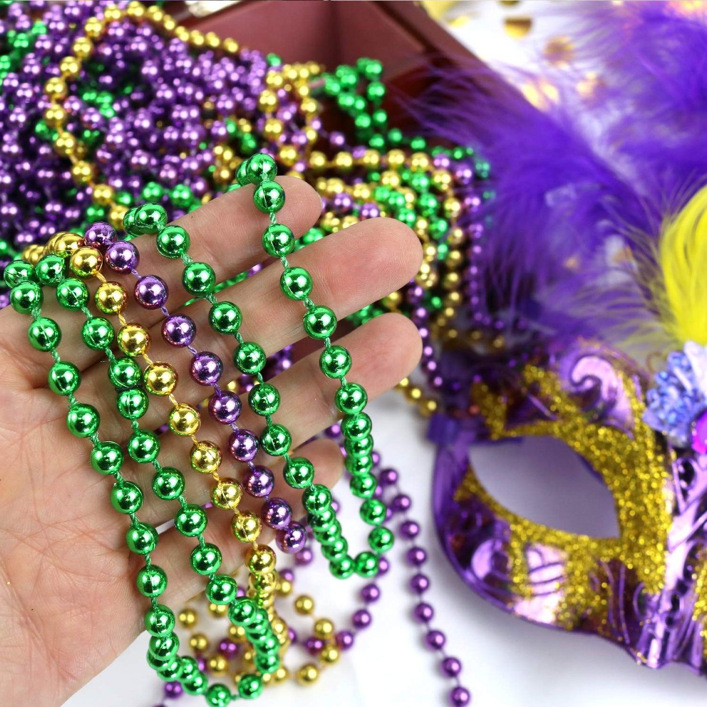 GIFTEXPRESS 12 pcs Mardi Gras Beads, 33'' Multi Colors Necklaces Bundle, Party Costume Necklace Metallic Colors in Gold, Green,