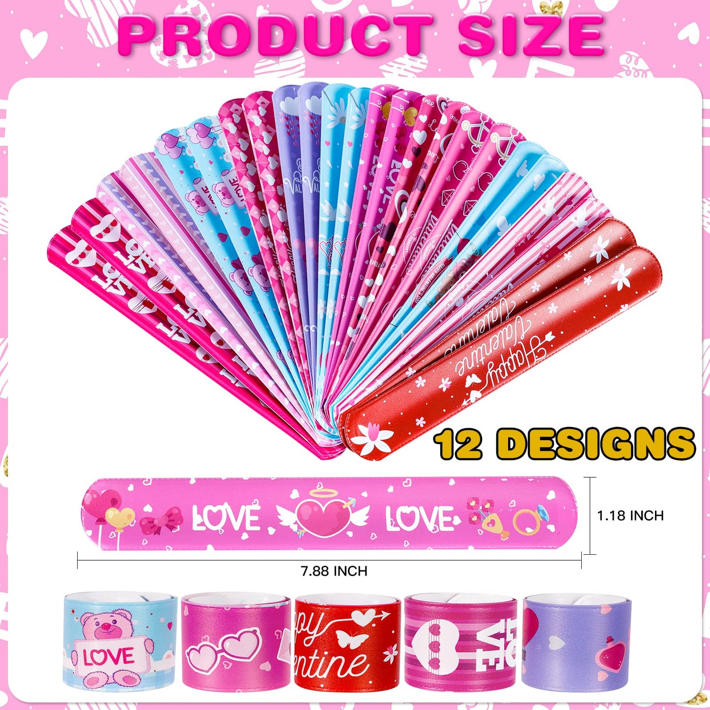 Thuodo 48 Pcs Valentines Slap Bracelets Rubber Bracelets Valentines Party Favors Gifts for Kids School Classroom Goodie Bag Stuf