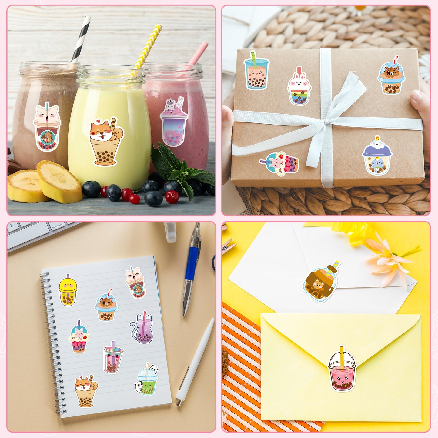 Beyumi Bubble Tea Sticker Roll - 1000Pcs Boba Stickers In 2 Rolls Waterproof Vinyl Drinks Theme Cute Kawaii Bubble Tea Decals Gift Laptop Bottle Scrapbooking Luggage Computer Envelope Decor For Kids