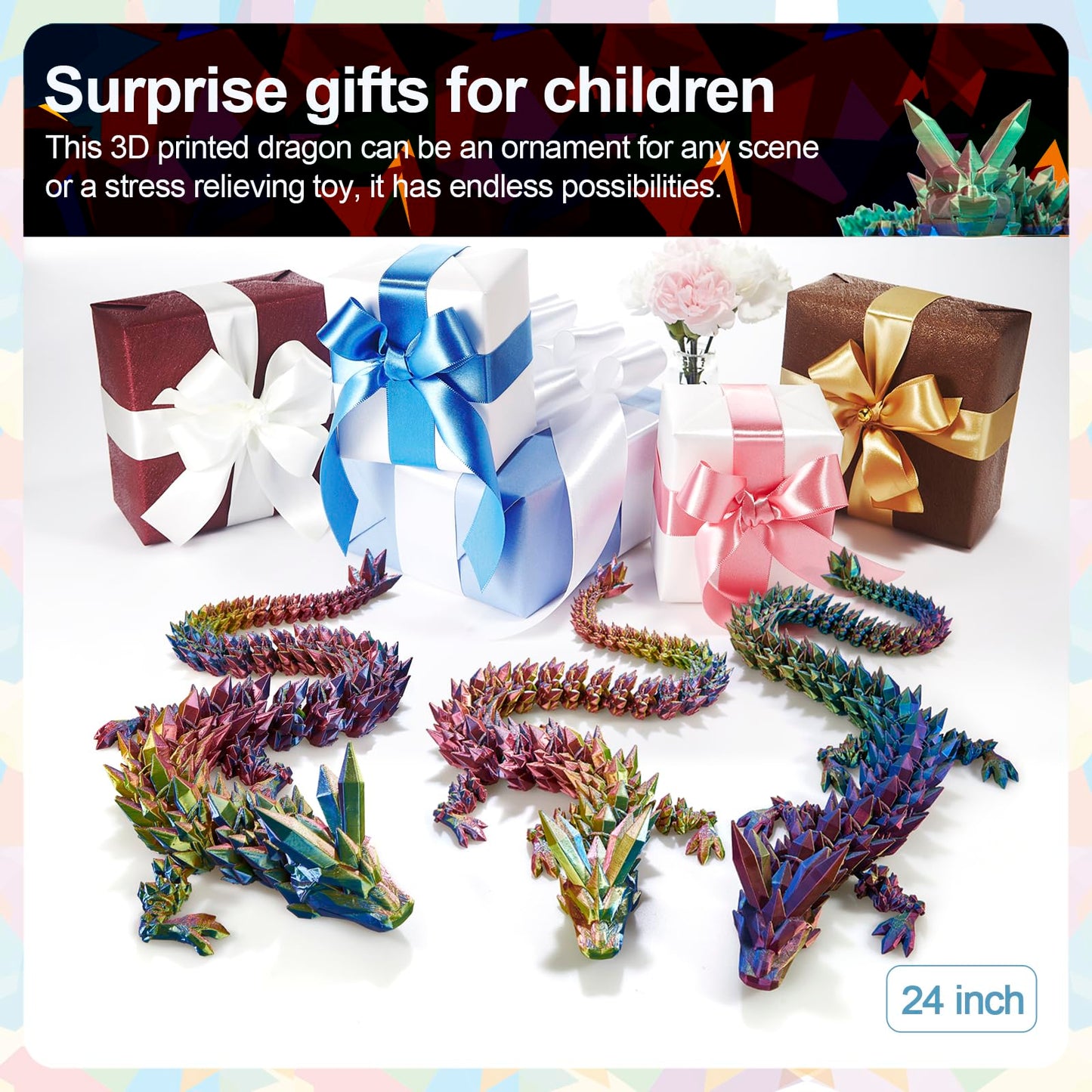 Meet Gladness 24 In 3D Printed Dragon, 24Inch Dragon,3D Dragon Toy,Large Dragon Present,Ariculated Crystal Dragon(Yellow Red Blu