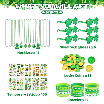 DMIGHT 163Pcs St. Patricks Day Accessories Party Favor Set, Tattoo Stickers, Necklaces, Bracelets, Shamrock Glasses, lucky Coin