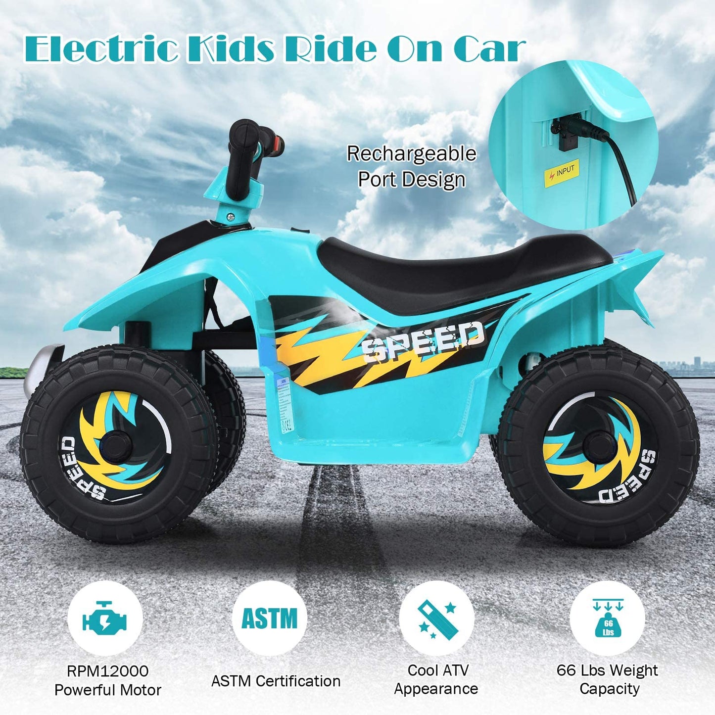 Olakids Kids Ride On Atv, 6V Motorized Quad Toy Car For Toddlers, 4 Wheeler Battery Powered Electric Vehicle For Boys Girls With Forward/Reverse Switch, Anti-Slip Wheels (Aqua)
