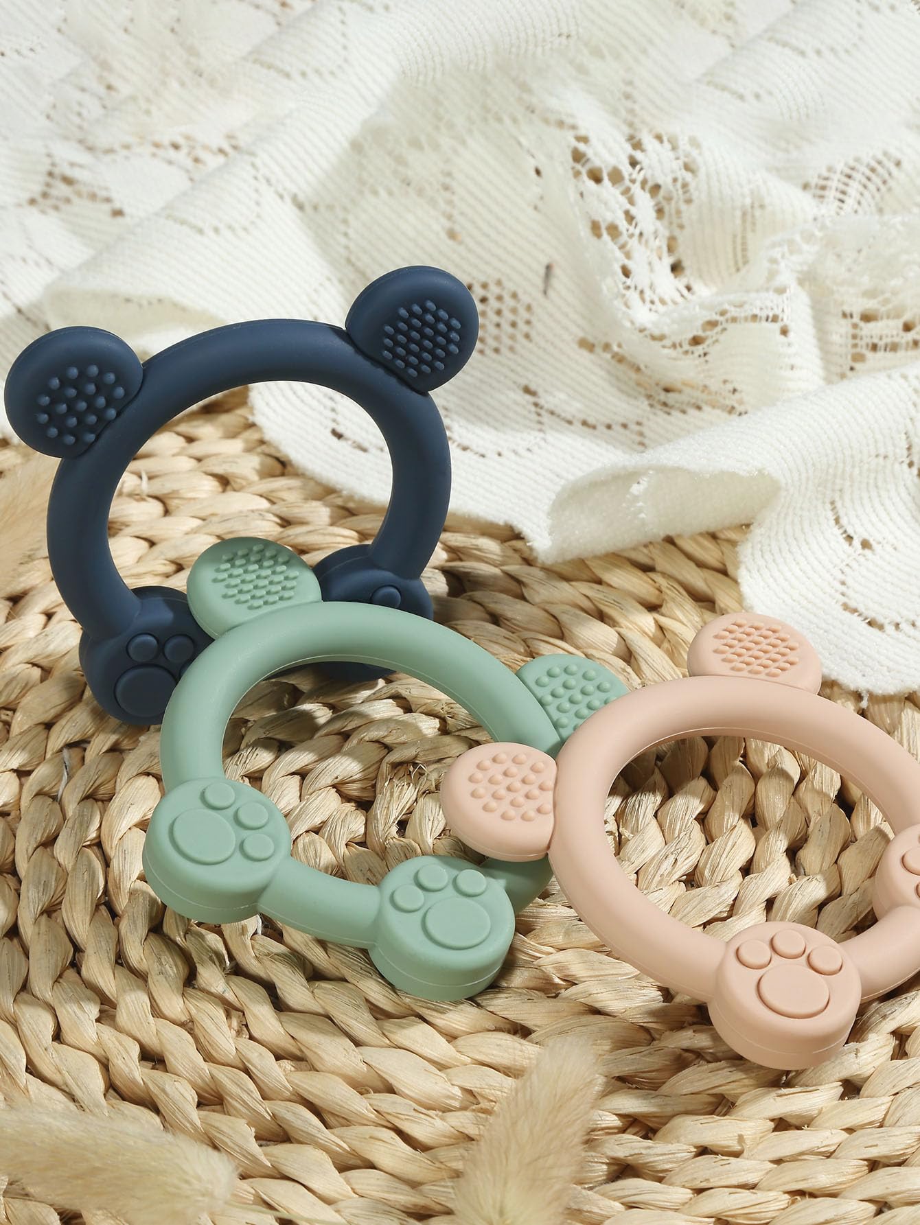 Pandaear 3 Pack Silicone Teething Toys - Baby Teething Rings, Bpa Free Teether For 0-12 Months, Soothing Sore Gums