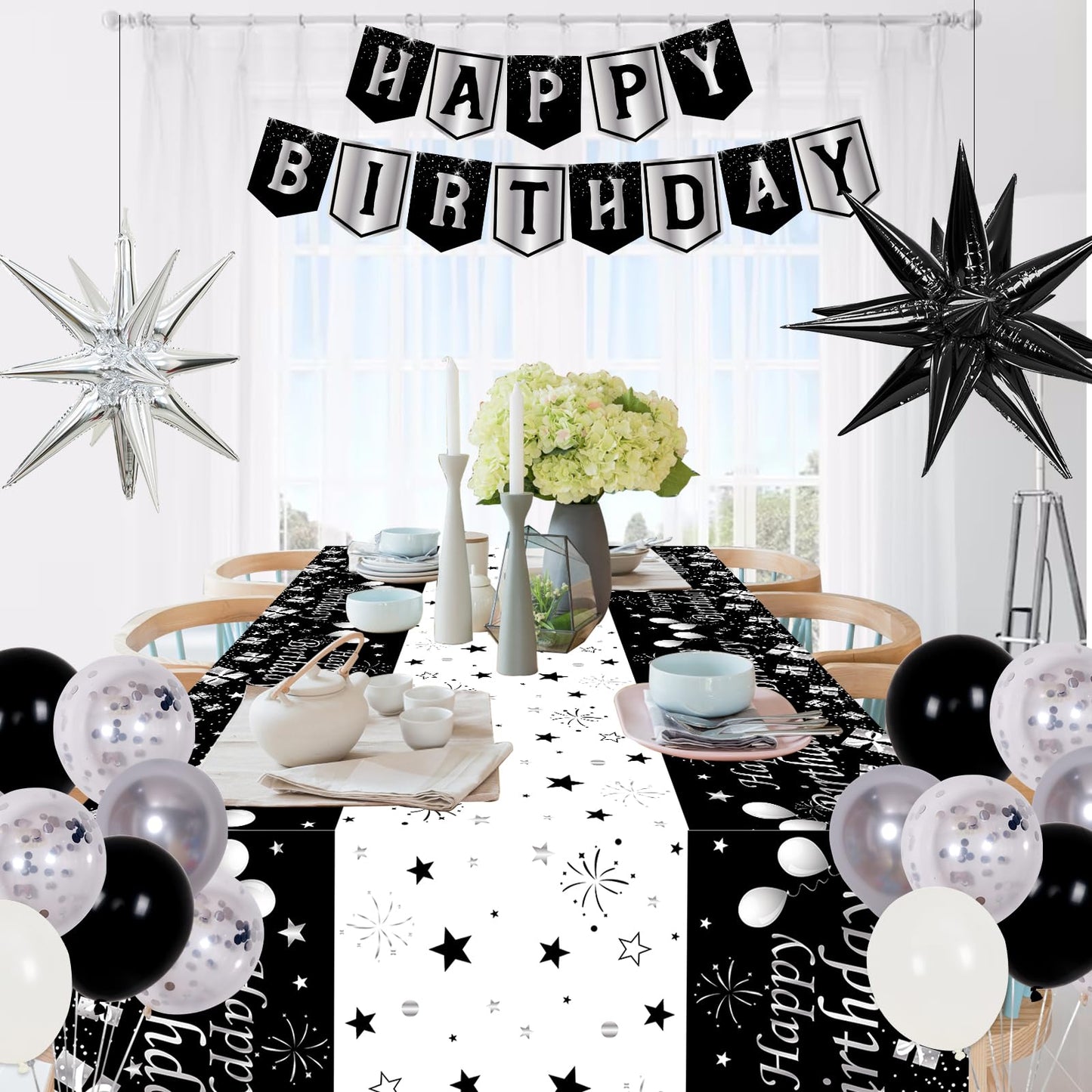 Silver And Black Birthday Decorations For Men Women Boys Girls 80 Pcs White Black And Silver Party Decorations Happy Birthday Backdrop Banner Confetti Star White Silver Black Balloon Arch Tablecloth