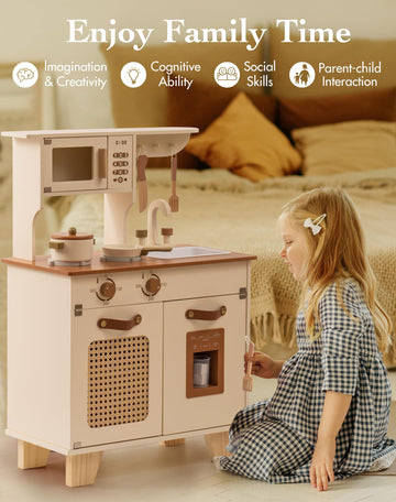 ROBOTIME Play Kitchen with Pretend Ice Cube Dispenser for Kids, Wooden Kids Kitchen Playset, Toy Kitchen Set for Toddler Age 3 4