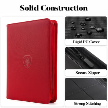 9 Pocket Zipper Card Binder Fabmaker 360 Trading Card Holder Book enhanced PU Cover Zip Binder for Cards Durable Side Loading Card Folders Album for MTG TCG Game Cards Sports Cards Red