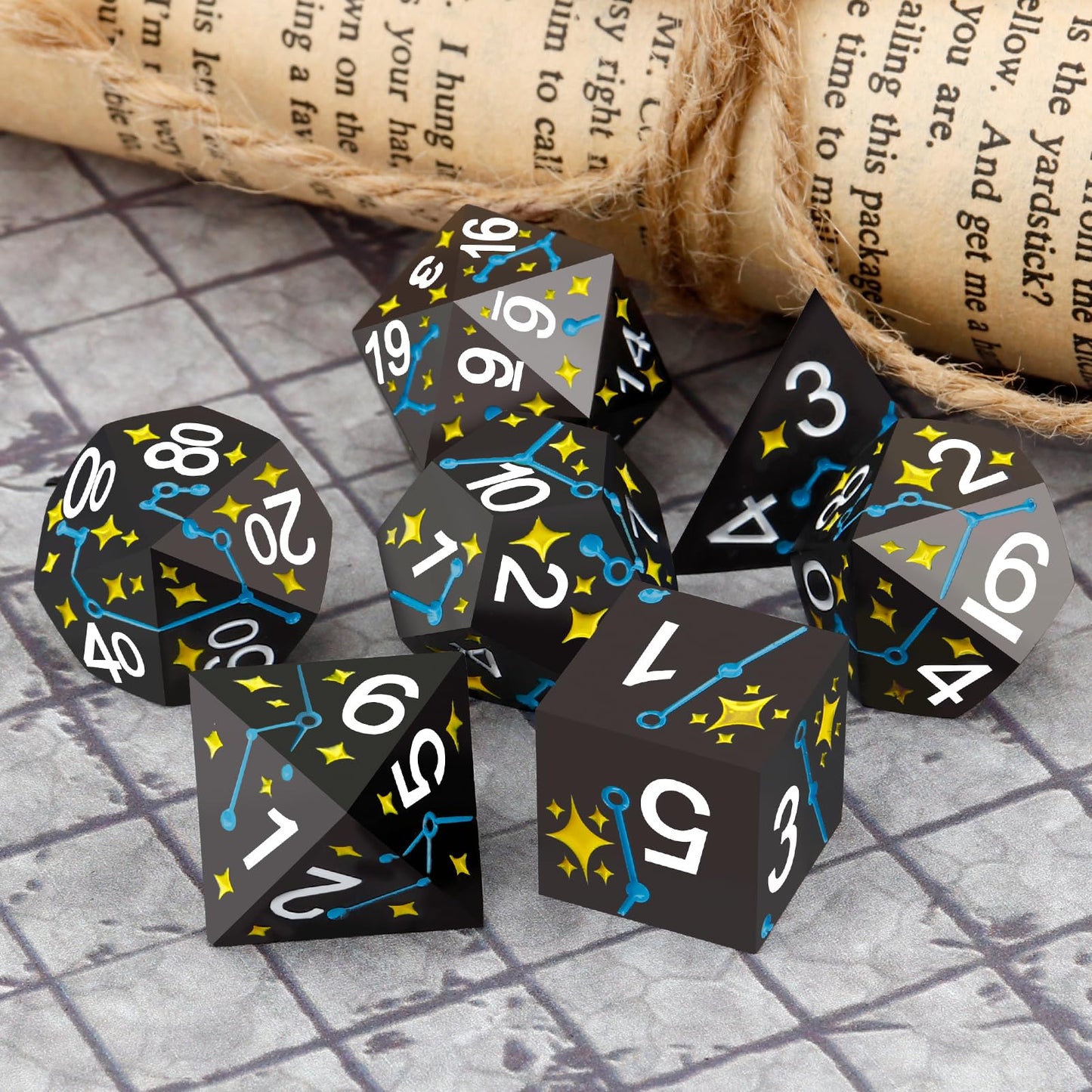 PJOY Metal Dice Set D&D Star DND Dice Set Polyhedral Dice for RPG Role Playing Games Dungeons and Dragons TTRPG Black Yellow Blu