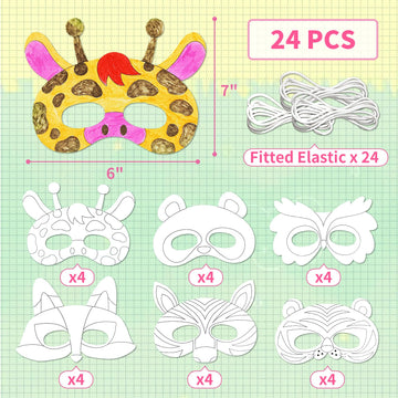 Vkpi 24 Pcs Color Your Own Animal Paper Masks, Coloring Mask Craft Kit For Kids, Birthday Party Favors School Activities