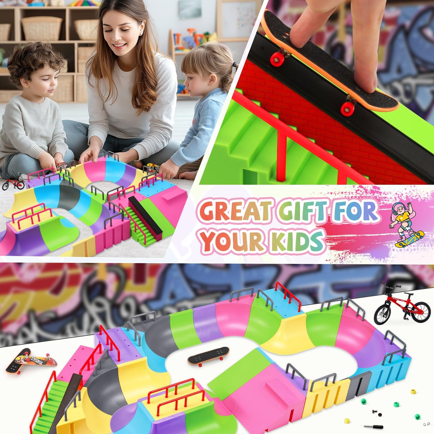 Momsiv Finger Skateboard Park Kit, 57Pcs Finger Skateboard Park Set With 6 Finger Skateboards For Kids 31 Ramps And 1*Bicycles, Large Finger Skateboard Park Training Gift Toy For Ages 6+