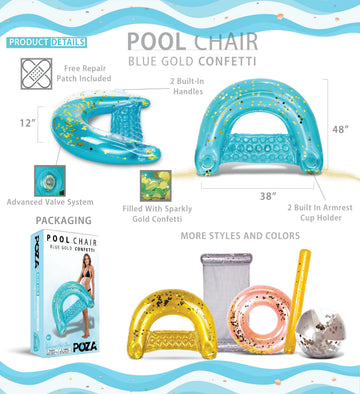 POZA Inflatable Pool Float Chair - Sparkle Confetti Lounge Inflatable Pool Floats 2 Built in Cup Holders and Handles mature-themed Inflatable Pool Lounger Floating Chair for Beach Lake Pool - 48x38 Inches