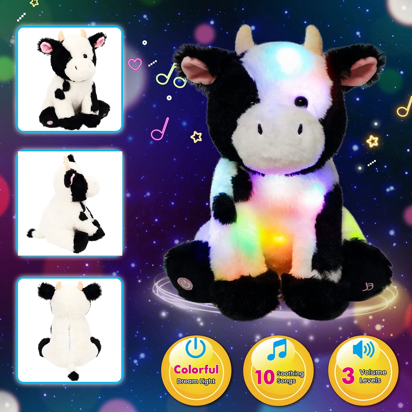 Cuteoy Cow Led Musical Stuffed Animal Light-Up Singing Plush Adjustable Volume Lullaby Plushies Birthday Christmas Toy Gifts For Kids Toddler Girls, 13'