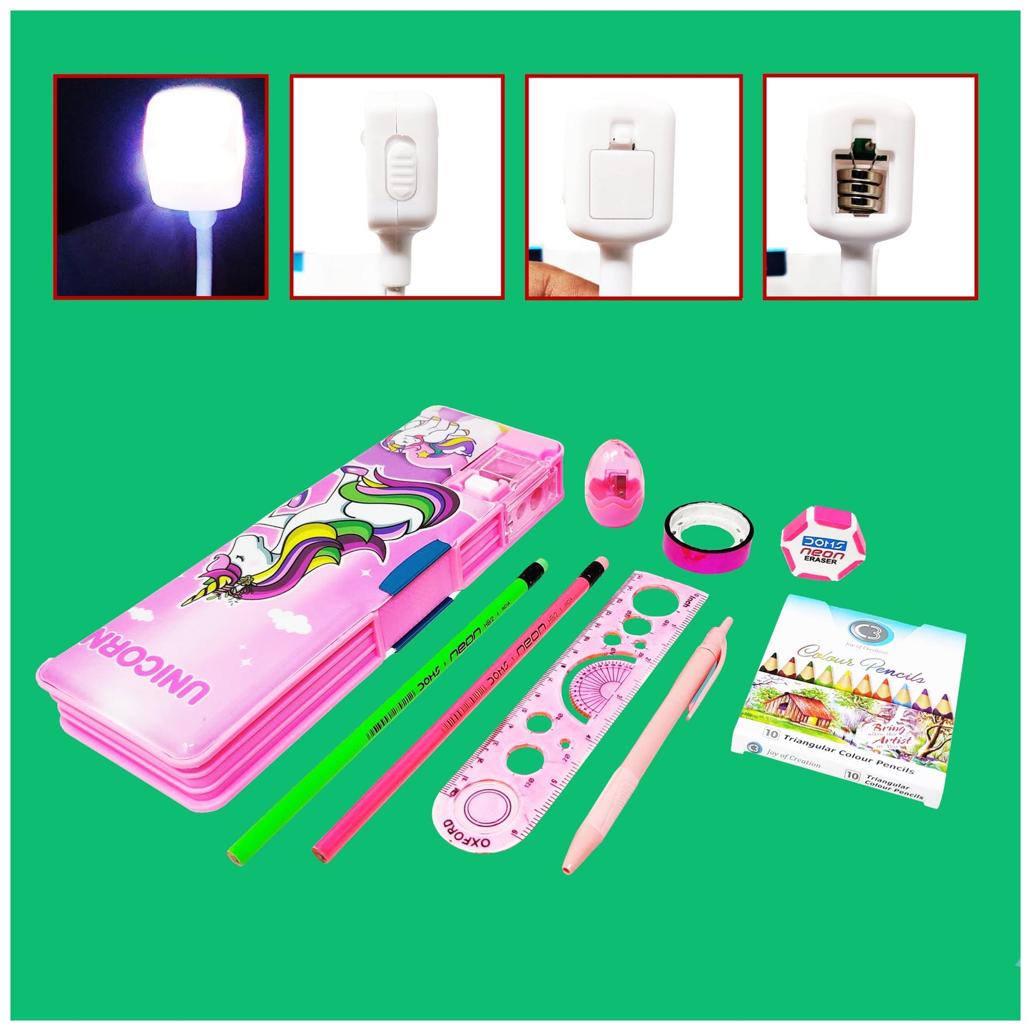 Parteet Combo (Pack Of 8 Items) 1 Dual Side Magnetic Pencil Box With Led Lamp, 2Pencil, 1 Scale, 1Sharpner, 1 Eraser, 1Gliter Ta