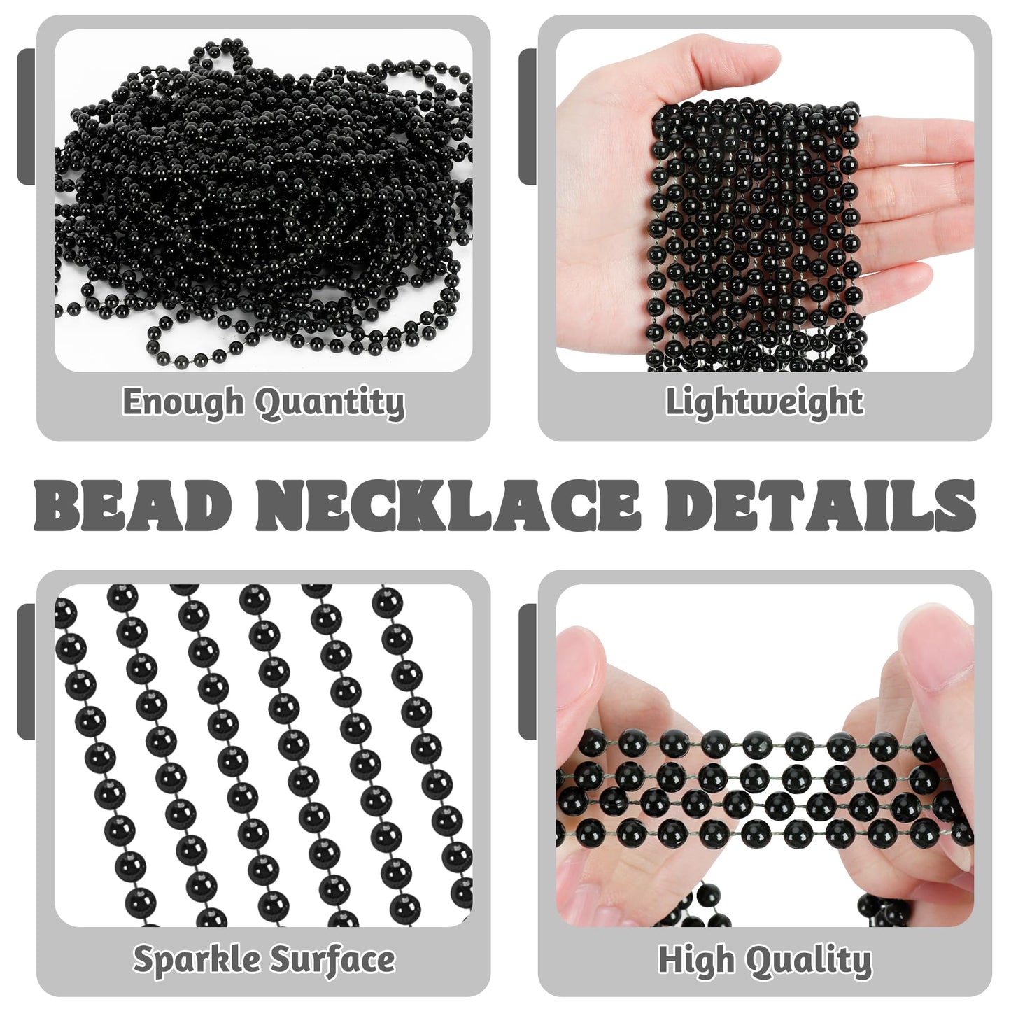 100 Pcs Mardi Gras Beads Bulk, 33'' Black Mardi Gras Beaded Necklace, Round Metallic Black Beads Stuff Set, Parade Throw Accesso