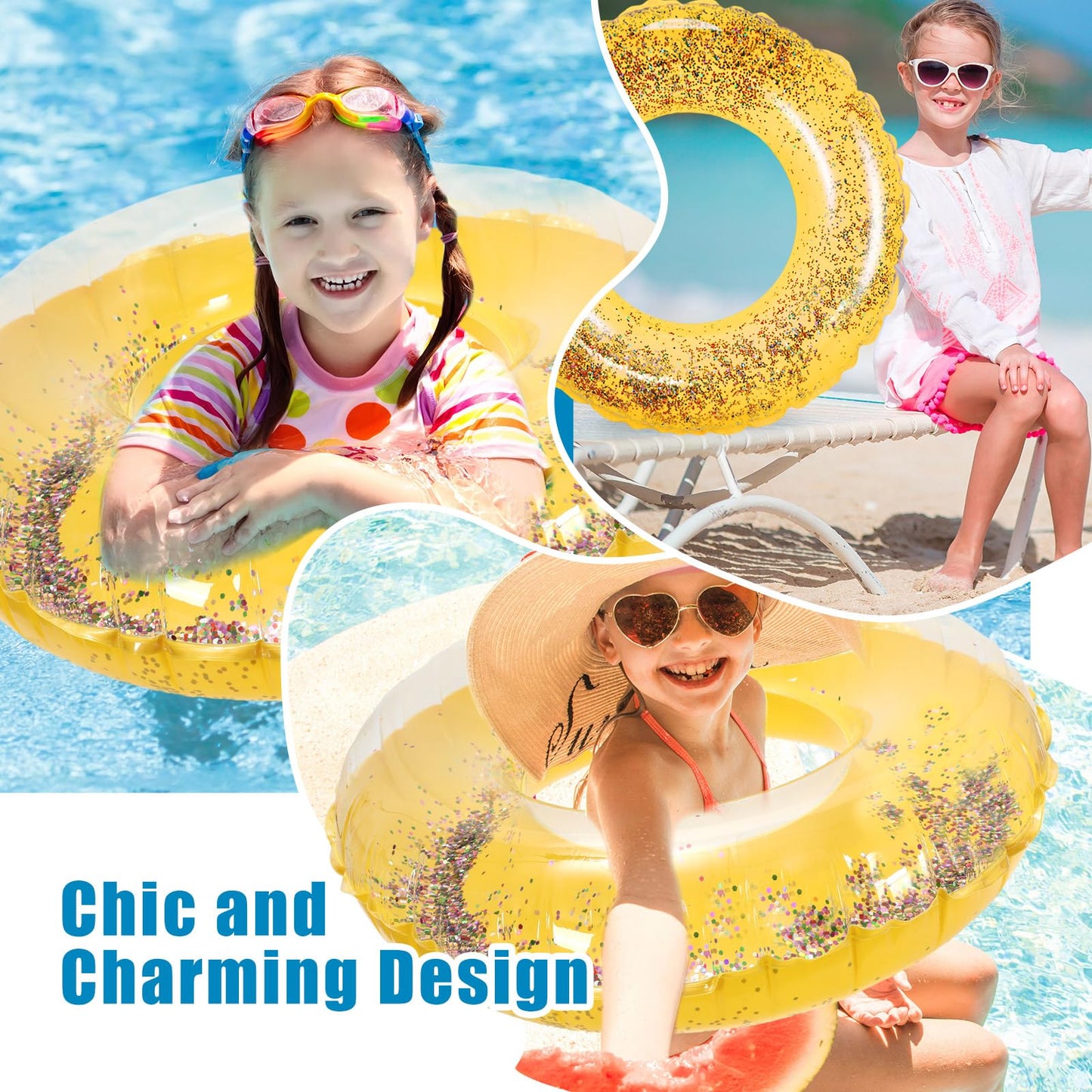 Whaline 4Pcs Inflatable Pool Floats Toys Swim Tubes Rings Glitter Yellow Pool Tube For Teen Boys Girls Outdoor Summer Swimming Pool Beach Party Favors Supplies