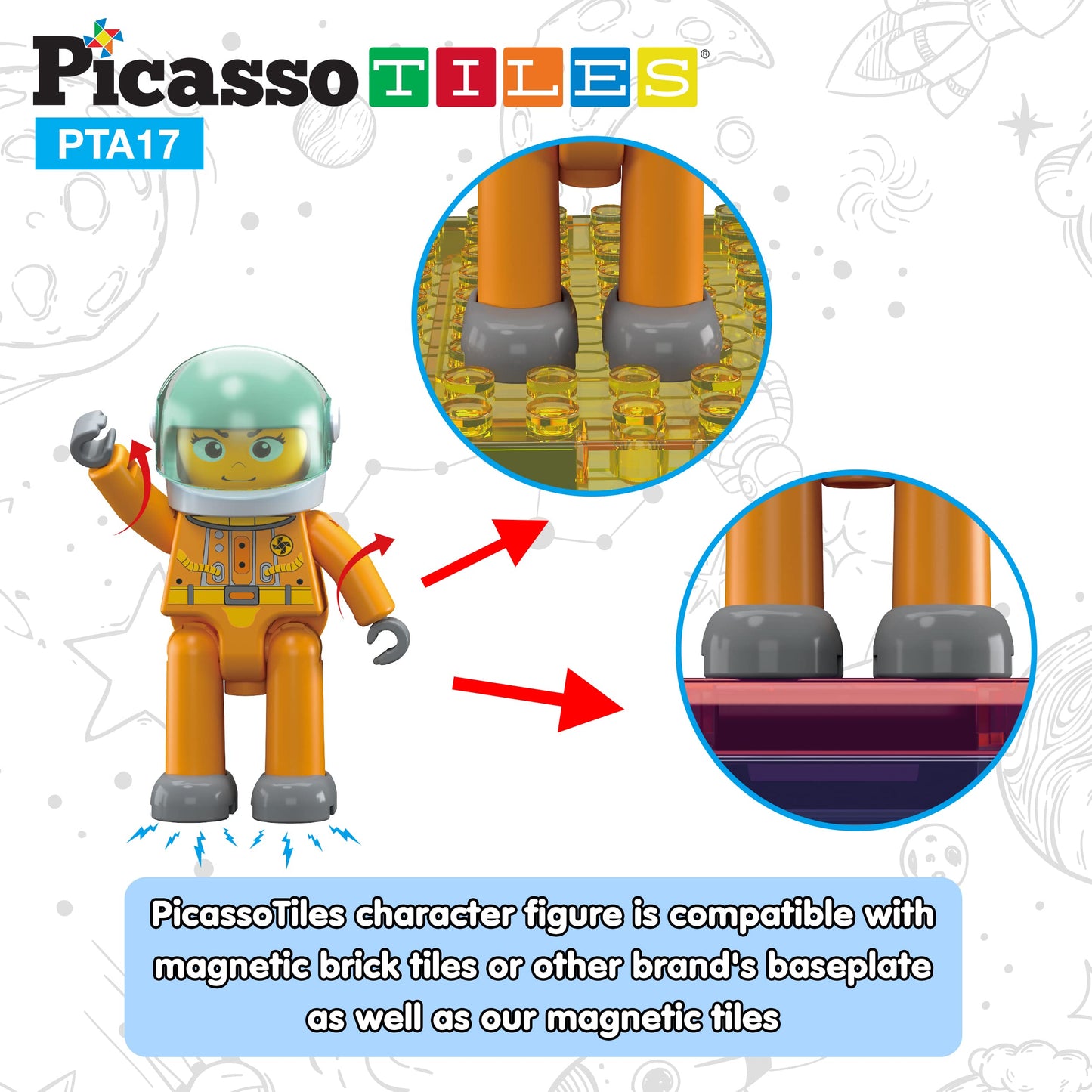 Picasso Toys Magnetic Character Action Figures 4 Piece Astronaut For Building Block Tile Toddler Toy Set Magnet Expansion Pack A