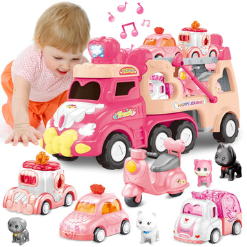 seveclotree 9 in 1 Carrier Truck Cars Toys for Girls Toddlers,Pink Princess Girl Car with Light and Sound,Toddler Girl Toys Age