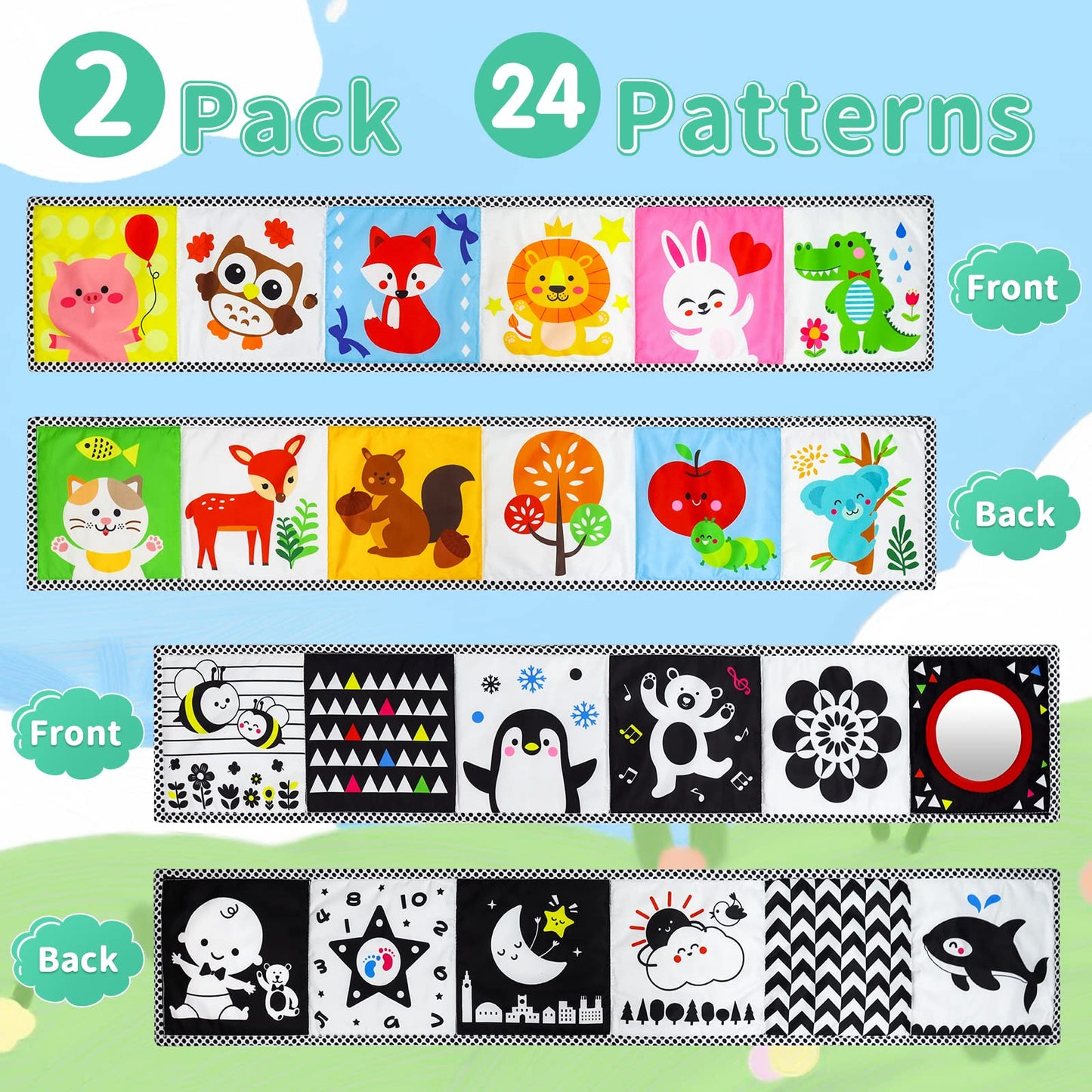 Okooko Black And White High Contrast Soft Baby Books 2Pcs Washable Tummy Time Toy Crib Stroller Toy Montessori Sensory Toy Early