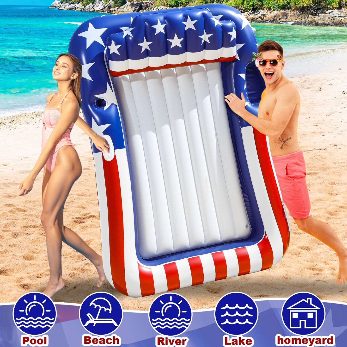American Flag Pool Floats for mature-themeds with Pillow & Cup Holder 70 x 46 Large Inflatable Tanning Pool Float Lounger Sunbathing Water Bed Pool Floatie for mature-themed 4th of July Pool Party Patriotic Beach