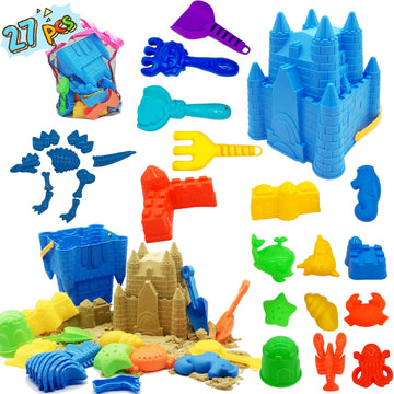 Beach Sand Toys for Kids, 27 pcs Beach Toys Castle Molds Sand Molds, Beach Bucket, Beach Shovel Tool Kit, Sandbox Toys for Toddl