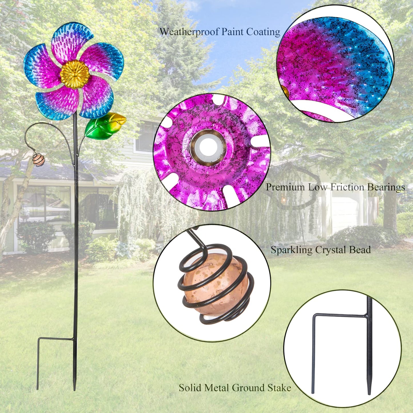 Viveta 2 Pack Wind Spinners With Metal Stake, 28.7 Inches Outdoor Garden Pinwheels Spinners Purple Flower Shape Design For Yard