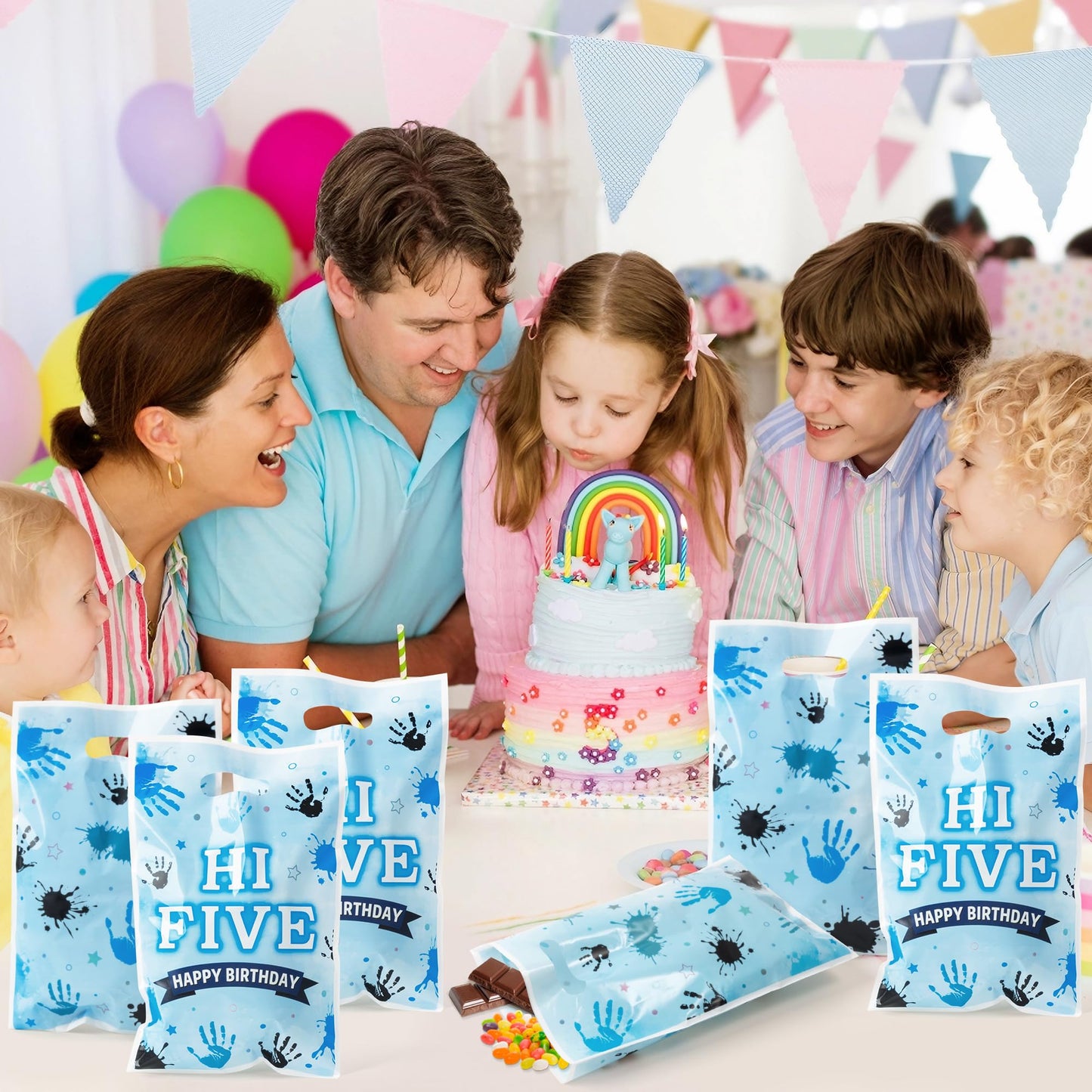 ArianQicult Hi Five Party Favor Bags - 50Pcs Blue High 5 Year Old Goody Candy Treat Gifts Bags 5th Birthday Painting Decorations