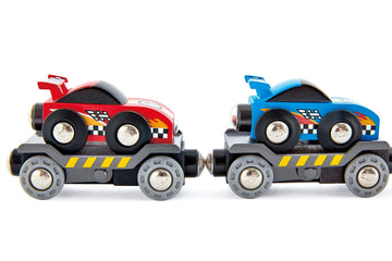 Hape Race Car Transporter | Six-Piece Wooden Toy Train Car Transport Set For Kids