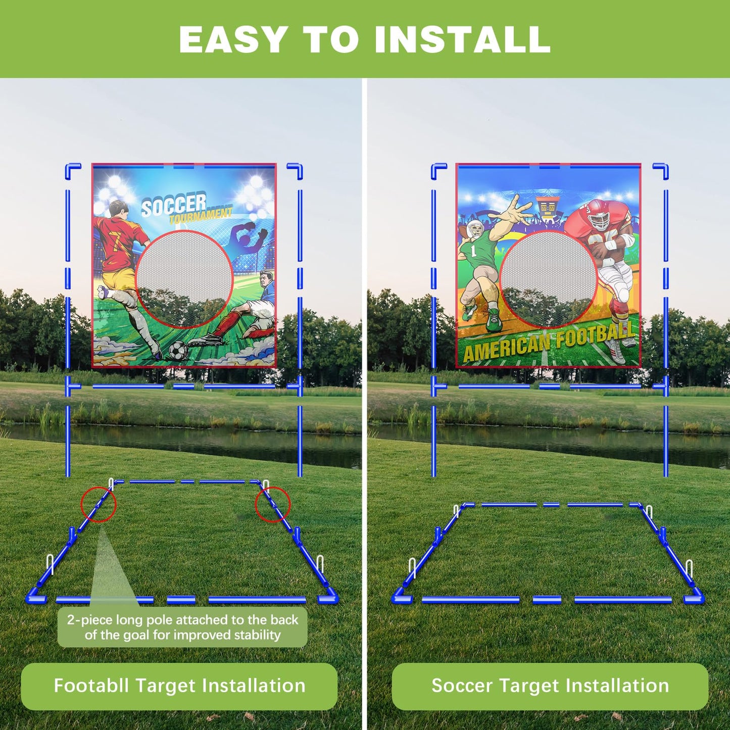 VATOS 2 in 1 Football Toss Target Games and Soccer Toy for Kids tossing Target Double-Sided Goal with 2 Inflatable Footballs & 2 Soccer Balls Indoor Outdoor Back to School Activity Toy Gift