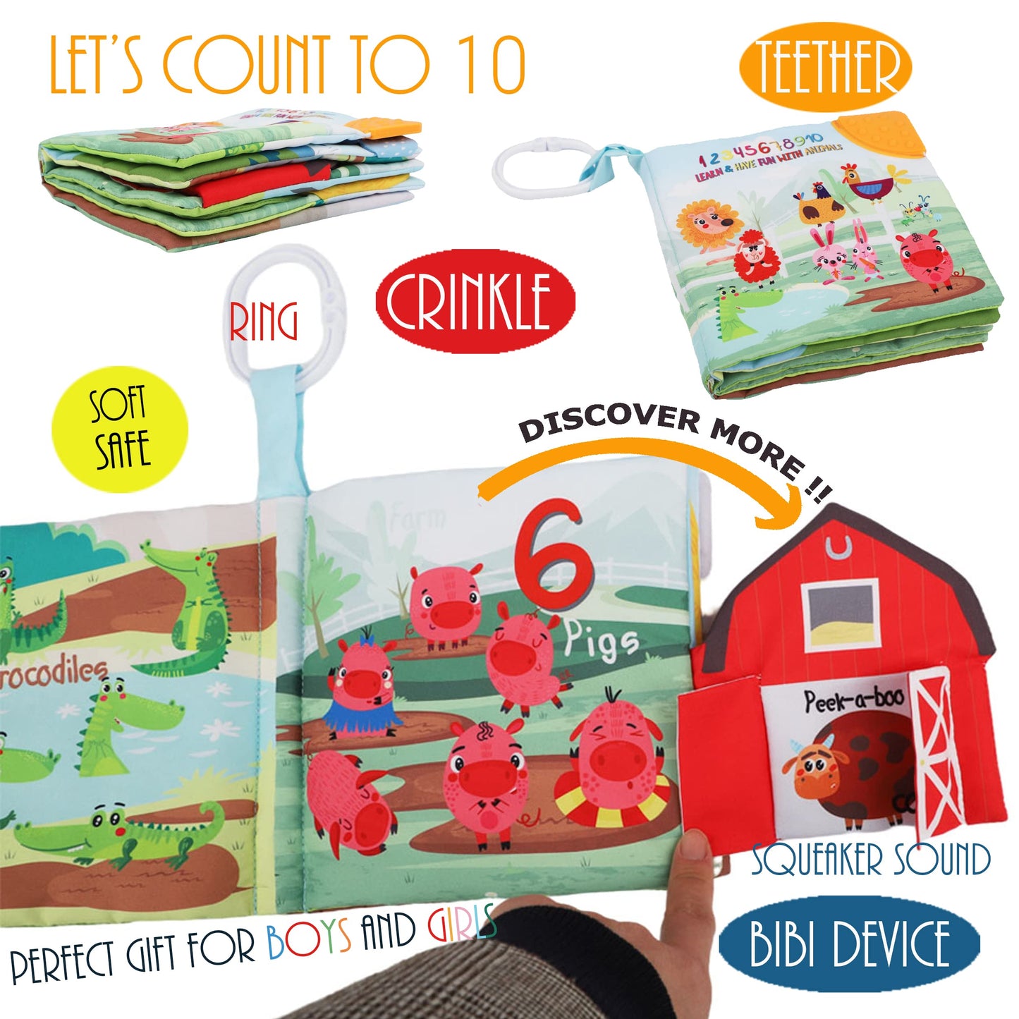 Touch And Feel Cloth Crinkle Books For Babies Infant, Baby Books Toys 0-3-6-12-18 Months, Christmas Shower Baby Gift, High Contr